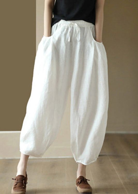 White Wrinkled Tie Waist Linen Lantern Pants Summer