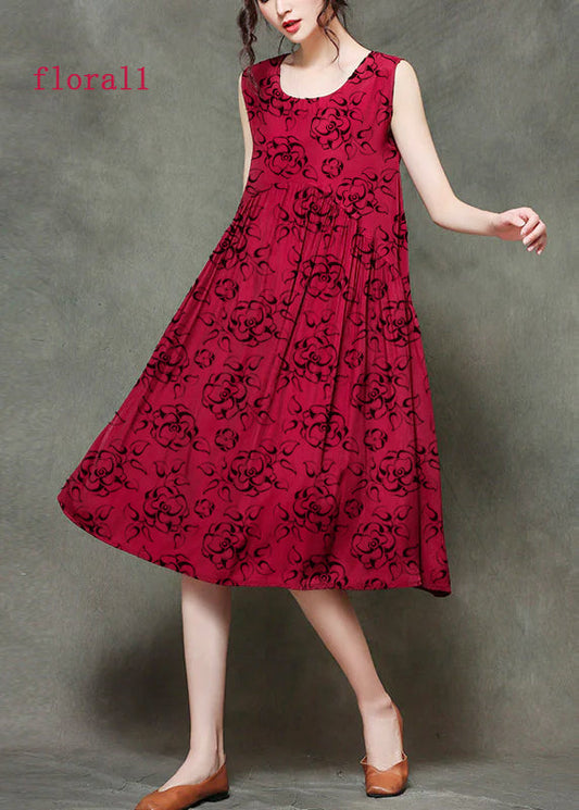 Wine Red-floral1 O-neck Wrinkled Long Dresses Sleeveless