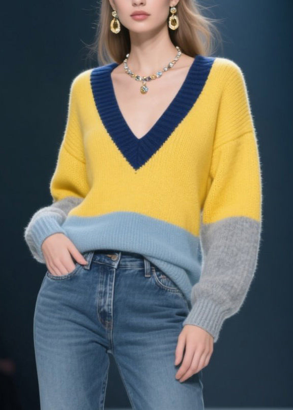 Yellow V Neck Patchwork Knit Pullover Winter