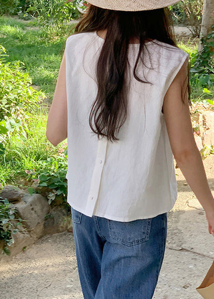 Simple White O Neck Linen T Shirt Tops Sleeveless