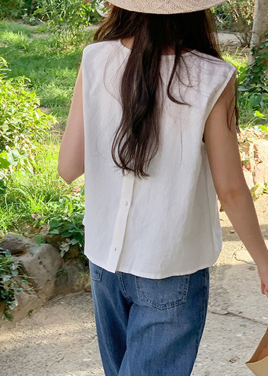 Simple White O Neck Linen T Shirt Tops Sleeveless