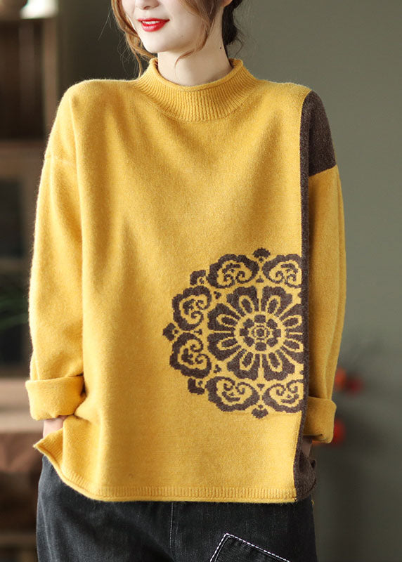 Loose Yellow Color Block Jacquard Knit Top Winter