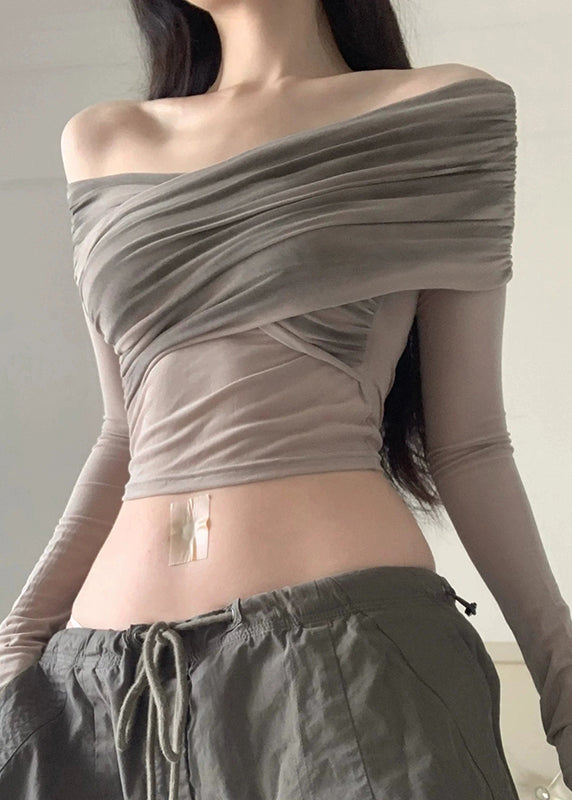 Grey Cold Shoulder Slim Fit Tulle Top Long Sleeve