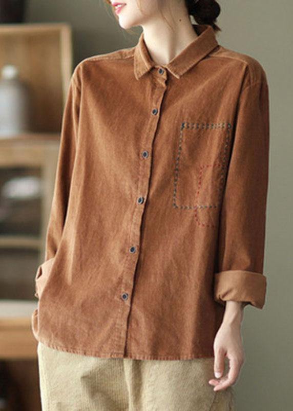 French Khaki Loose Embroidered Patchwork Fall Top Long Sleeve