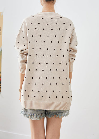 Beige Embroidered Knit Loose Coat Winter