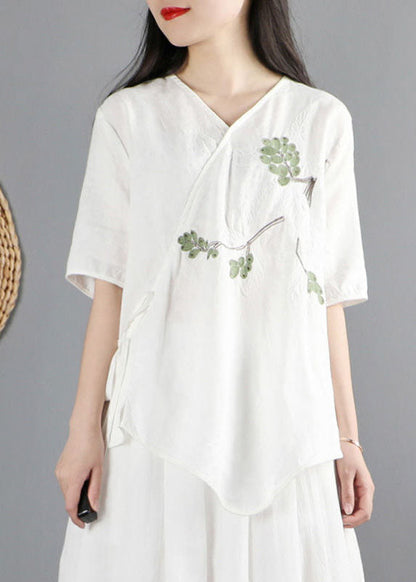 White V Neck Asymmetrical Design Cotton Tops Short Sleeve