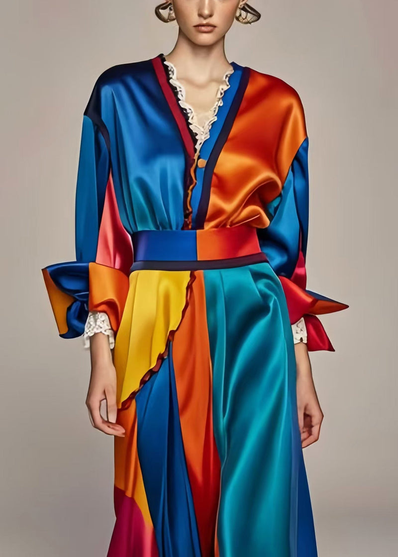 Blue Cinched Patchwork Silm Fit Silk Long Dresses Spring