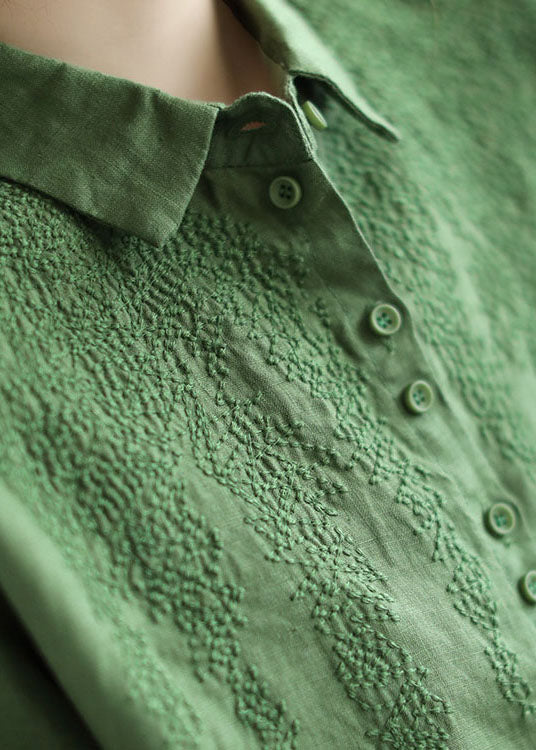 Green Oversized Linen Top Peter Pan Collar Embroidered Spring