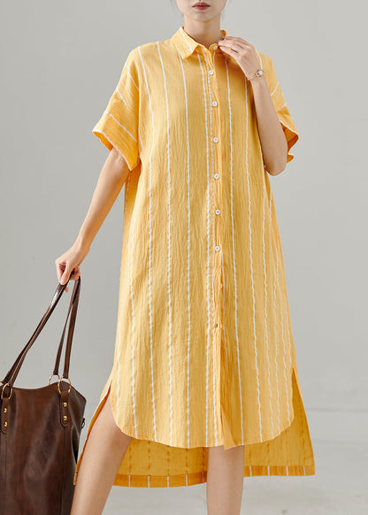 Yellow Striped Low High Design Cotton Dresses Summer
