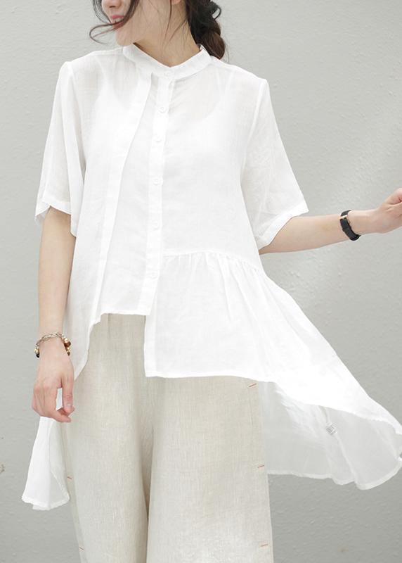 Handmade Blue Linen Clothes Stand Collar Asymmetric Cotton Blouse
