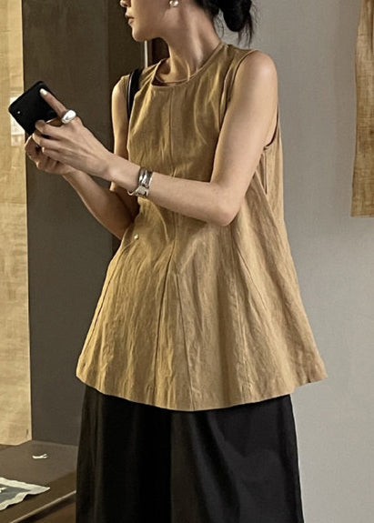 White O-neck Wrinkled Linen a Line Tops Sleeveless