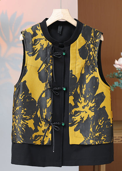 Red O Neck Print Button Silk Waistcoat Sleeveless