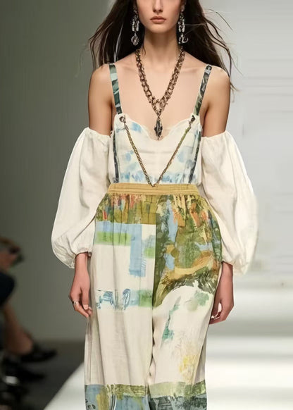Modern White Backless Print Cotton Overalls Jumpsuit Summer