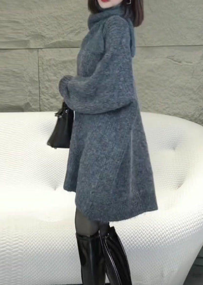 Loose Grey Turtleneck Cozy Knit Sweater Dress Winter