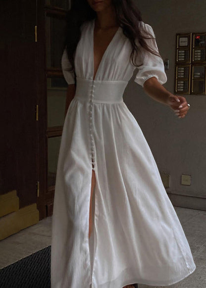 Boutique White V Neck Front Open Puff Sleeve Patchwork Cotton Dress