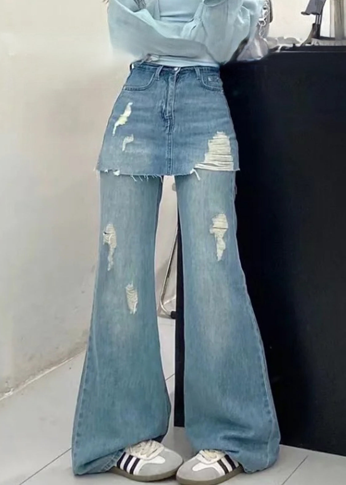Blue False Two Pieces High Waist Denim Pants Summer