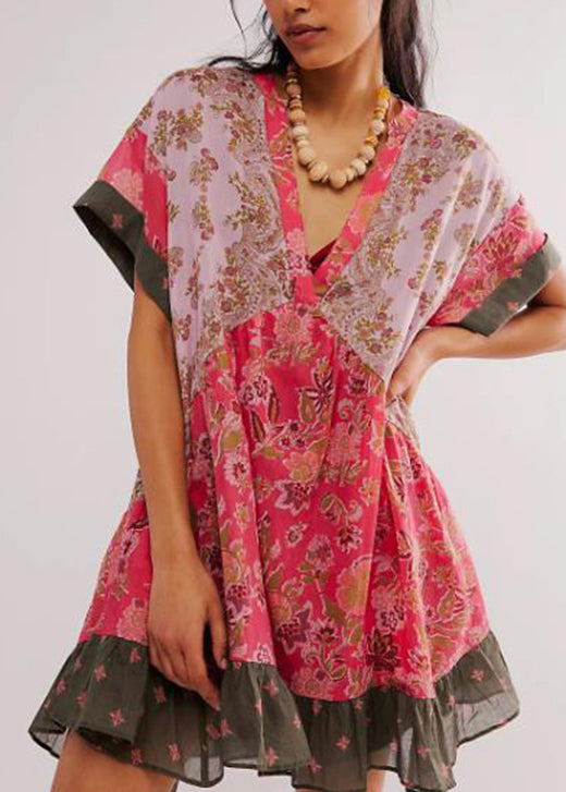 Blue V Neck Print Patchwork Cotton Mid Dress Summer
