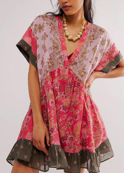 Blue V Neck Print Patchwork Cotton Mid Dress Summer