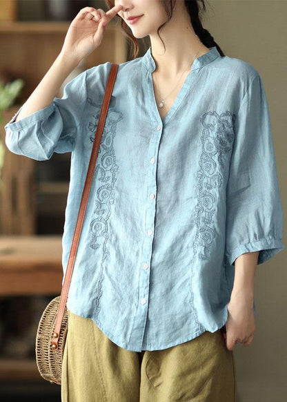French Khaki Embroidered V Neck Ramie Blouse Top Summer