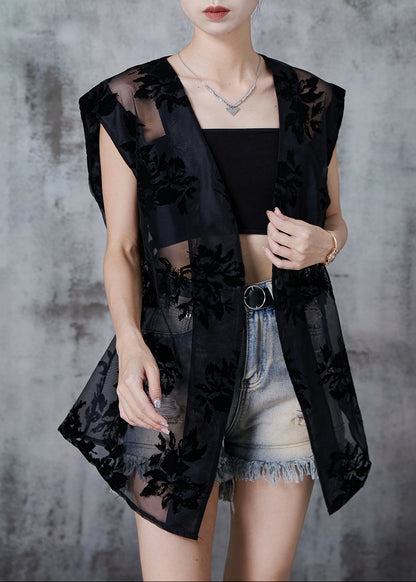 Black Oversized Print Tulle Shirt Tops Sleeveless