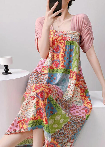Natural Light Blue Print Patchwork Maxi Dresses Pajama Summer