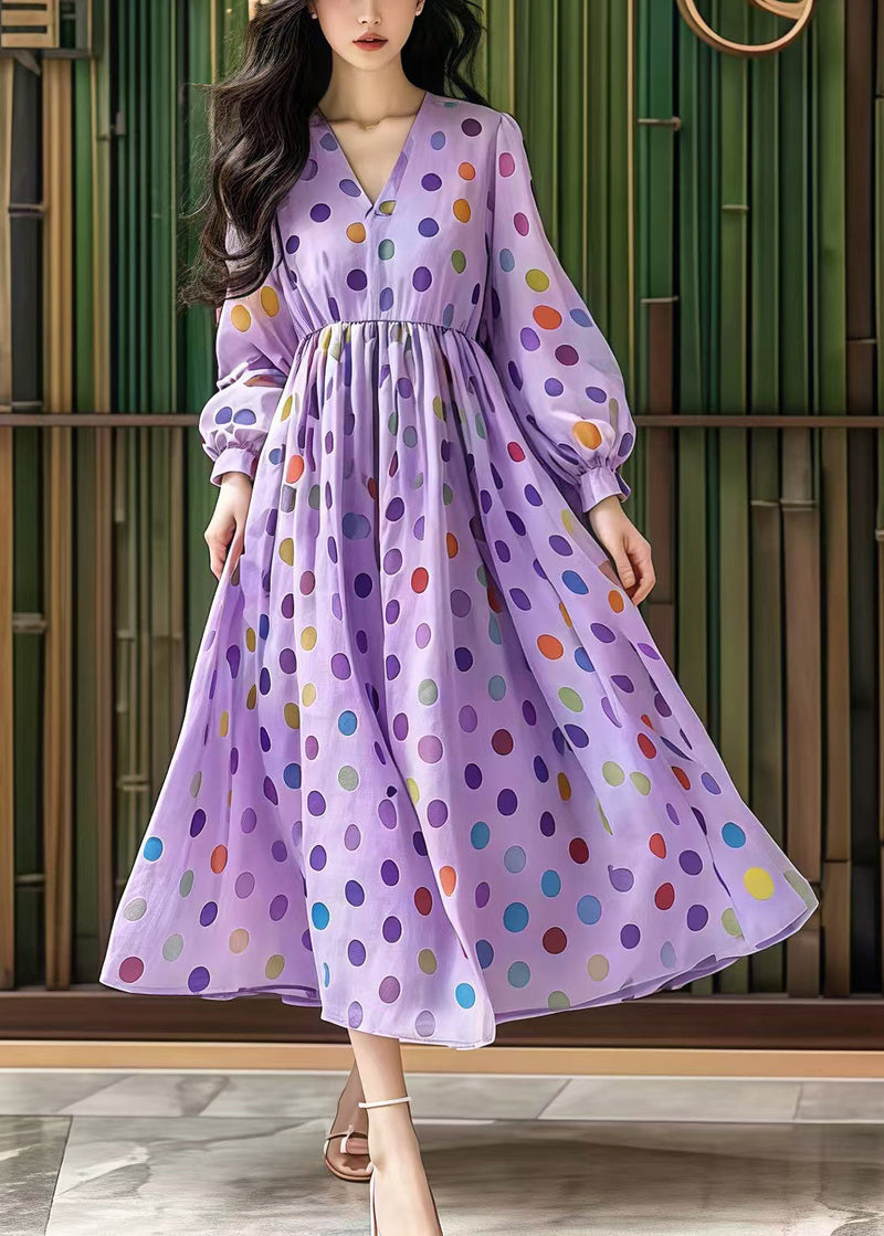 Purple V Neck Print Cotton Party Dress Fall