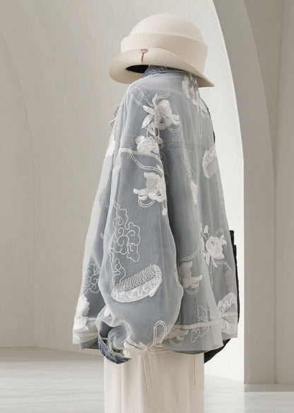 Loose Light Blue Embroidered Patchwork Denim Coats Fall