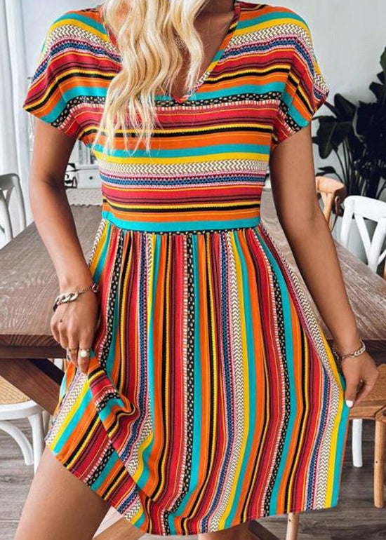 Blue V Neck Striped Cotton Mid Dress Summer