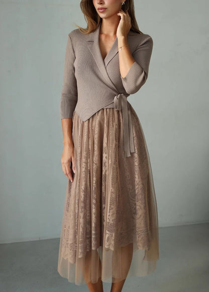 Camel Lace Up Tulle Patchwork Knit Dresses Fall