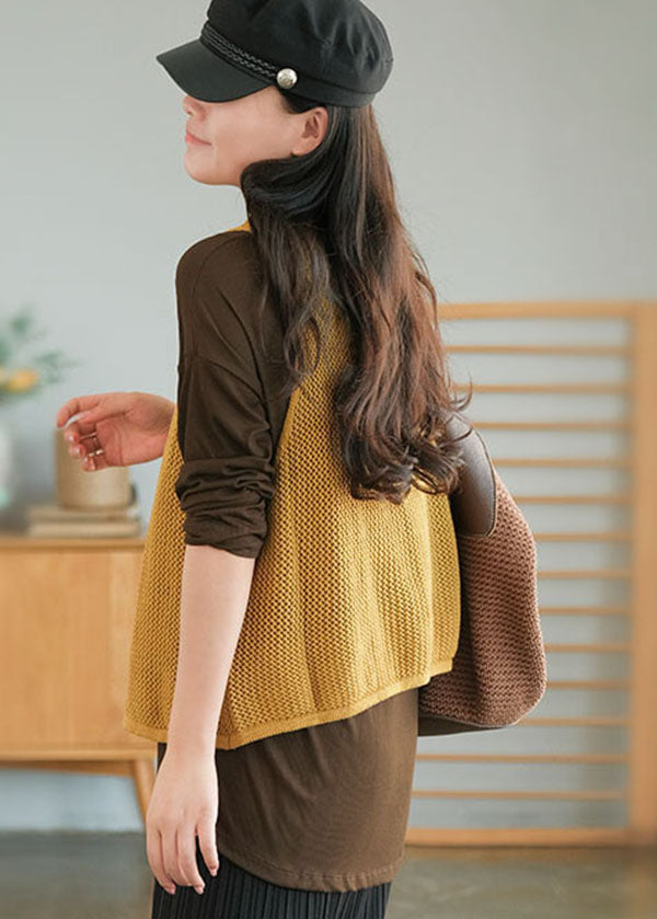 Yellow V Neck Hollow Out Tie Waist Knit Vests Fall