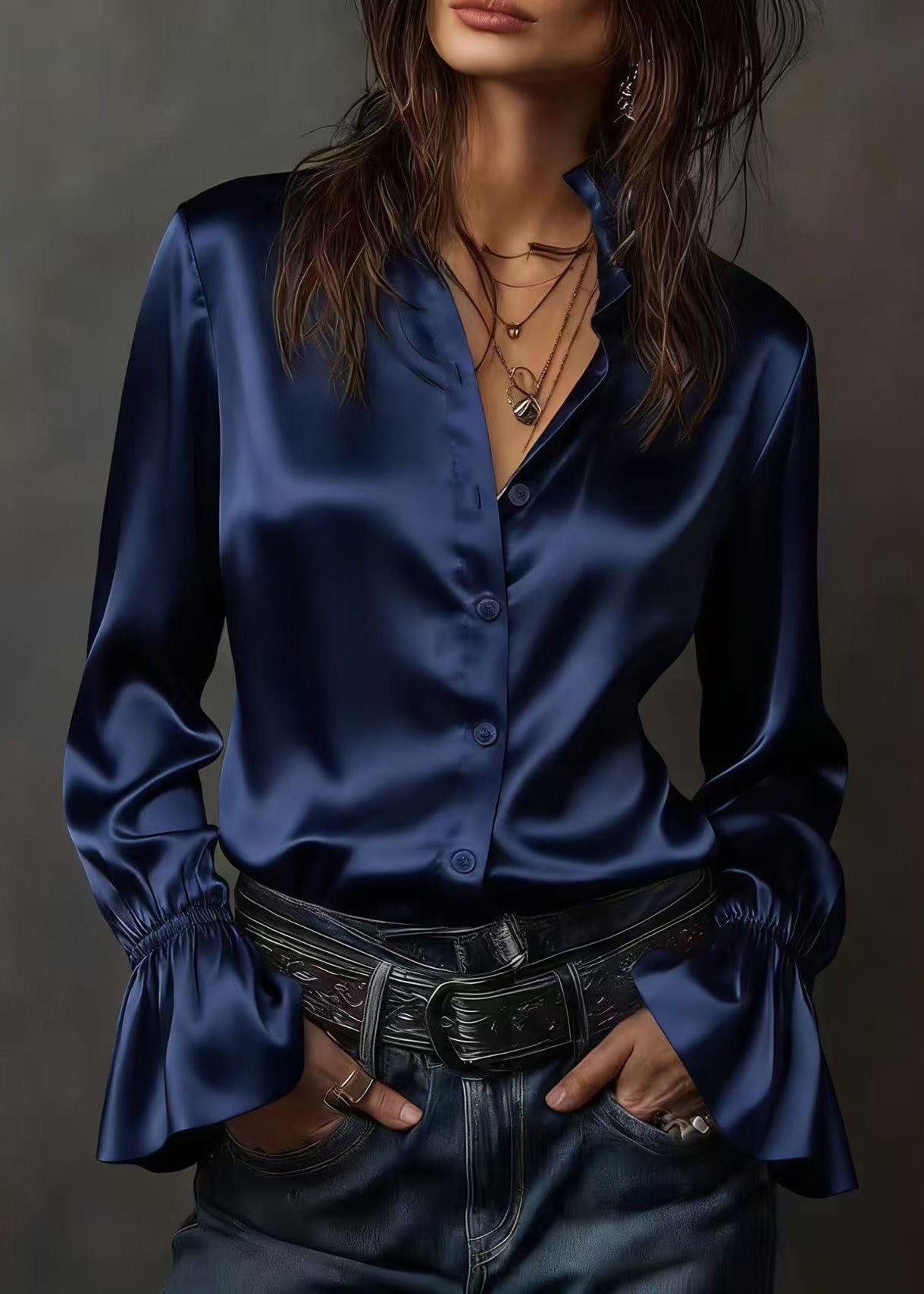 Champagne V Neck Silk Top Flare Sleeve
