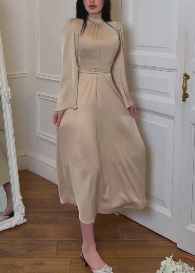 Apricot Stand Collar Lace Up Silk Dress Fall