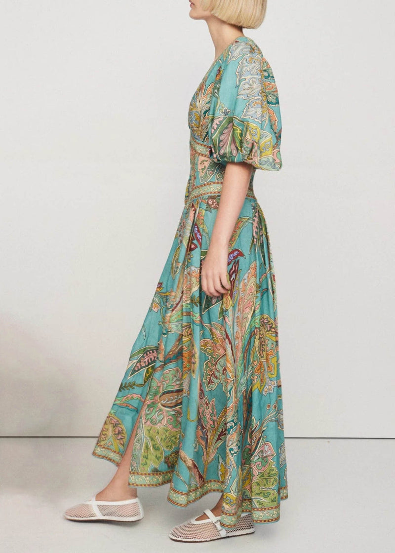 Green V Neck Print Slim Fit Cotton Dresses Lantern Sleeve