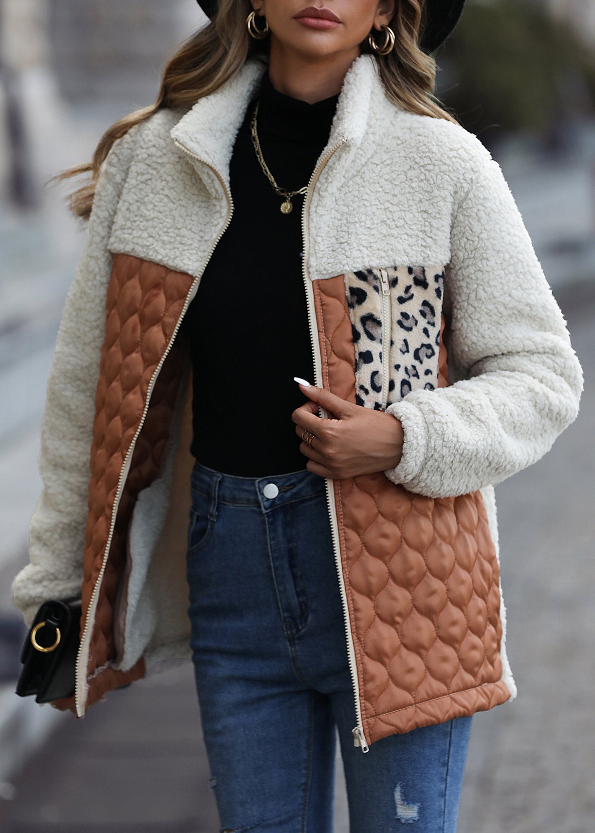 New Coffee Peter Pan Collar Patchwork Faux Fur Jackets Fall