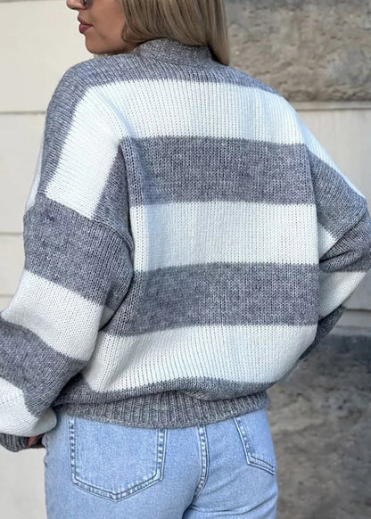 Grey V Neck Pockets Striped Knit Cardigan Fall