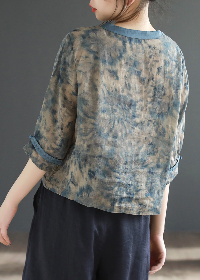 Grey Print Button Ramie Tops Half Sleeve