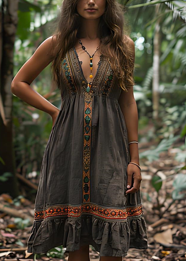 V Neck Print Wrinkled Cotton Spaghetti Strap Dress Summer