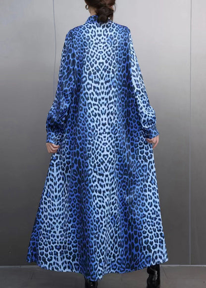 Blue Leopard Peter Pan Collar Maxi Shirts Dress Spring