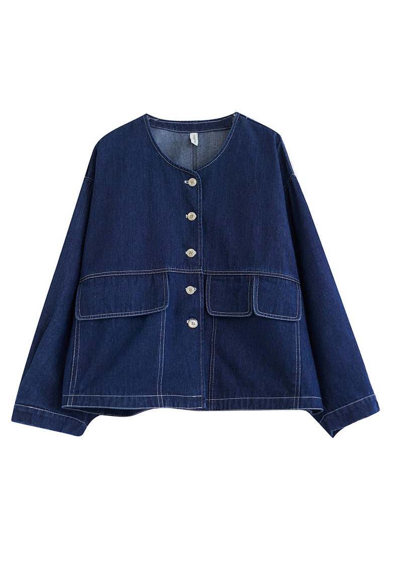 Blue O Neck Button Denim Coats Spring