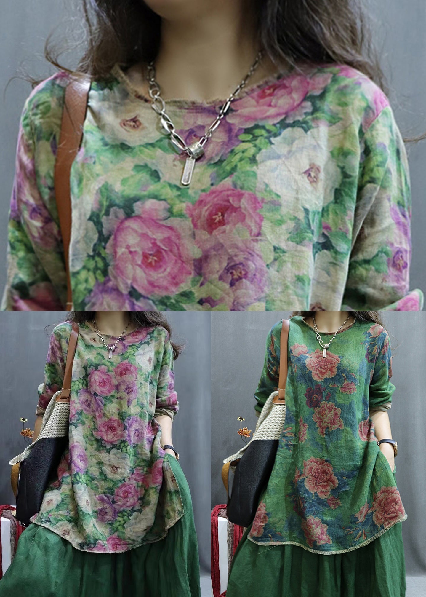 Pink Low High Design Linen Shirt O-neck Long Sleeve