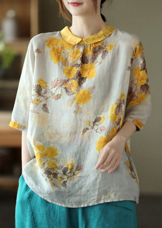 Peter Pan Collar Print Button Linen Shirt Half Sleeve