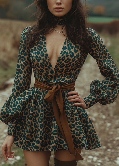 Green Leopard V Neck Print Cotton Mini Dress Lantern Sleeve