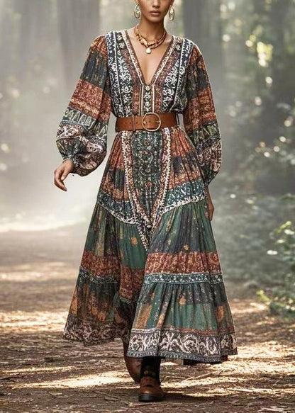 Dark Green Cinched Print Cotton Long Dress Spring