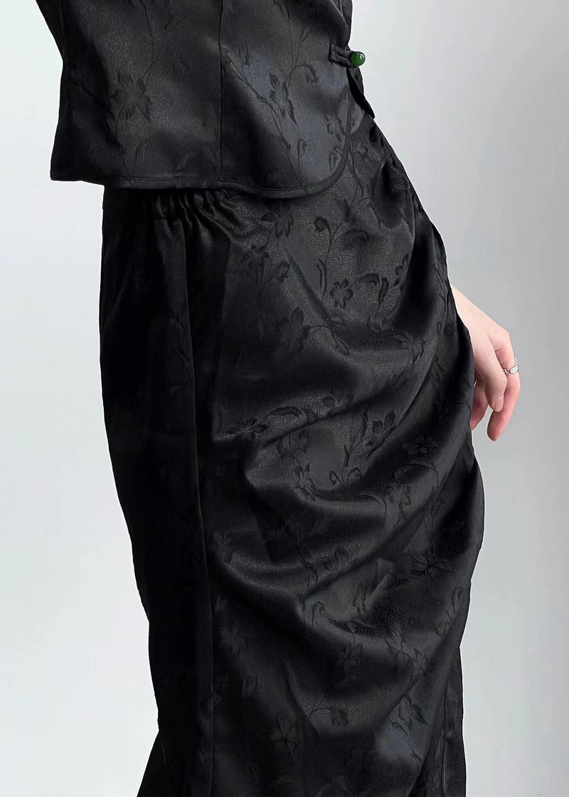 Original Design Chinese Style Black Jacquard Top and Skirt Set Summer