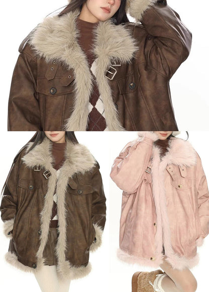 Pink Oversized Patchwork Warm Faux Leather Coat Winter