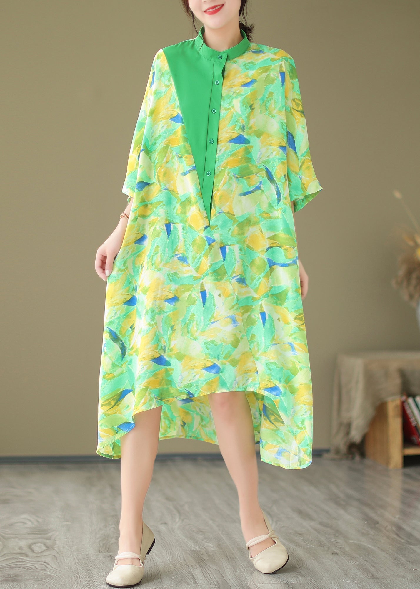 Summer New Green Spliced Tie Dyed Shirt Dress