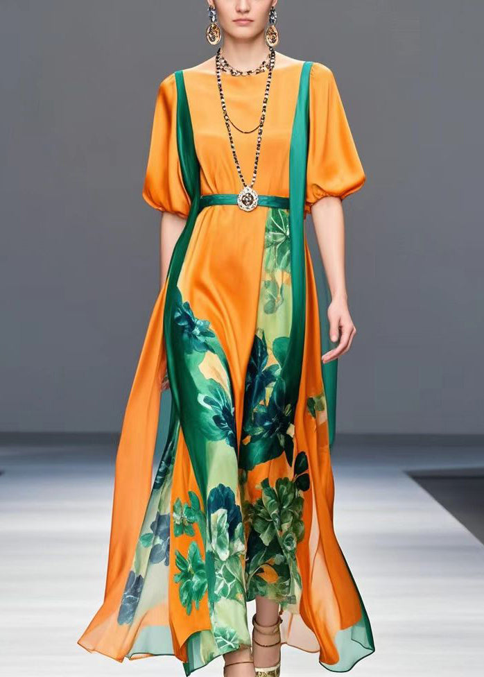 Orange Cinched Print Silk Ankle Dress Lantern Sleeve