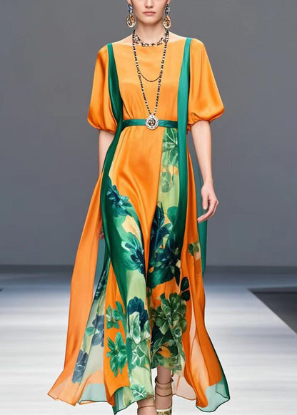 Orange Cinched Print Silk Ankle Dress Lantern Sleeve