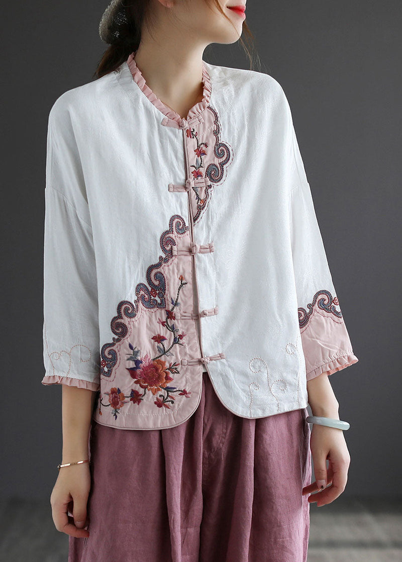 White Ruffled Embroidered Patchwork Cotton Tops Spring