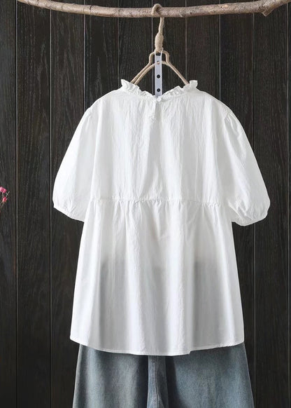 White Ruffled Wrinkled Cotton Shirt Top Summer